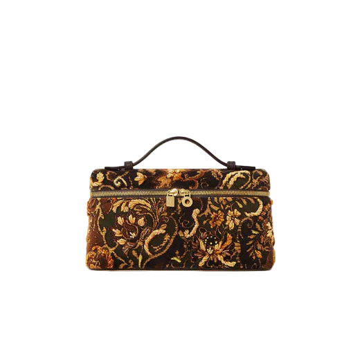 A small rectangular handbag with a dark brown and gold baroque-style pattern, featuring a top handle and gold-tone hardware, set against a solid off-white background.