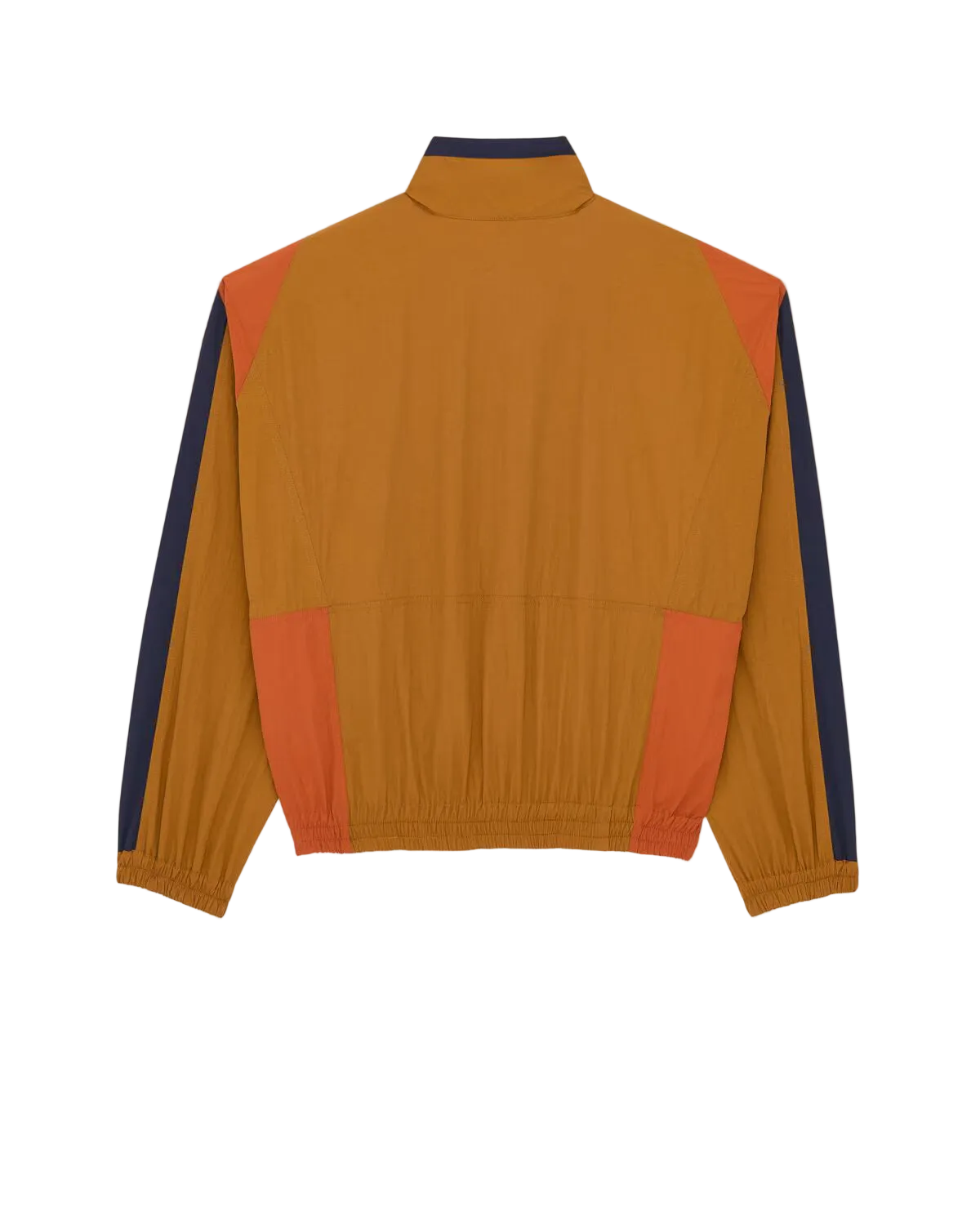 A colorblock windbreaker jacket shown from the back, featuring a dominant mustard yellow body with orange side panels and navy blue sleeve stripes, set against a plain off-white background.