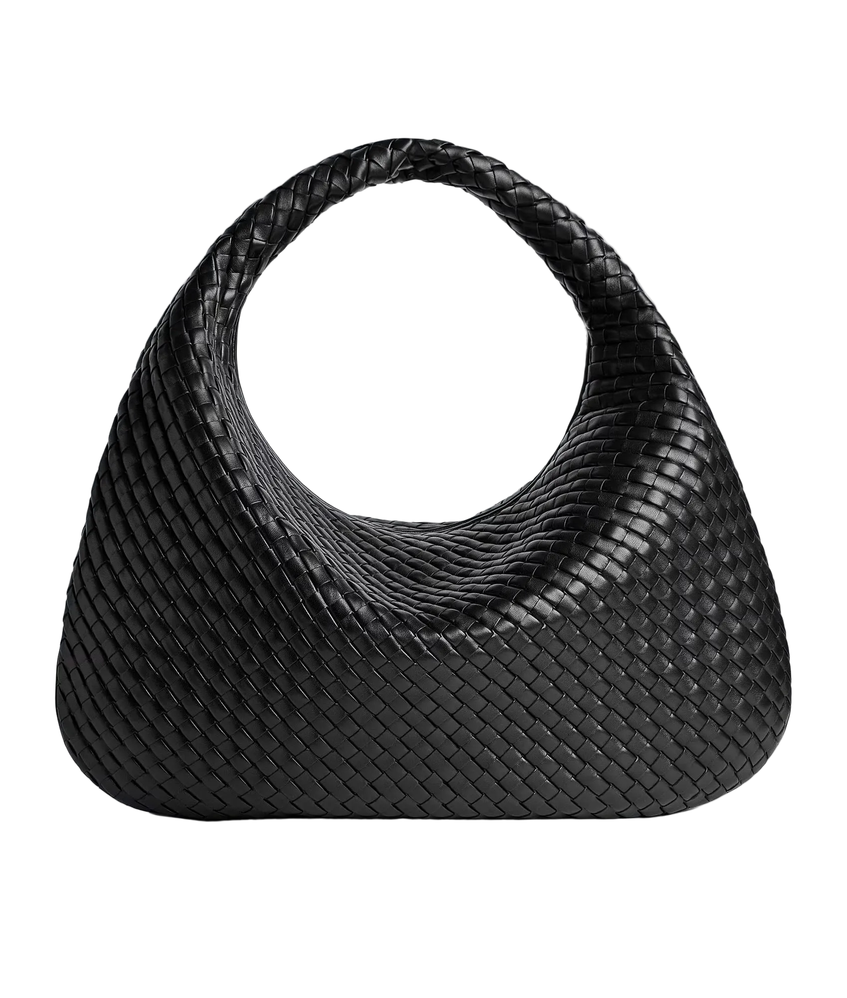 Black woven handbag on a light gray background