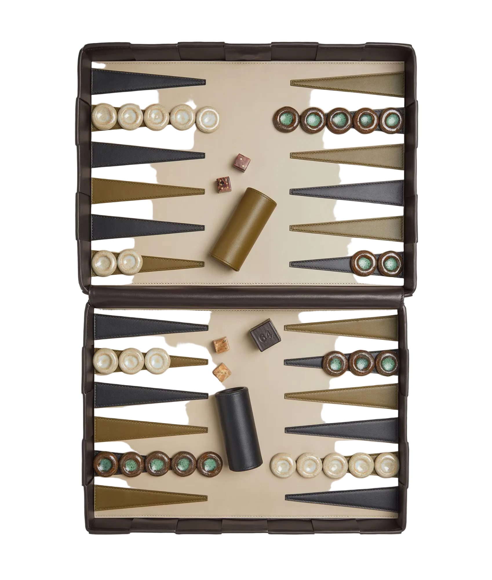 Backgammon set with pieces and board on a white background