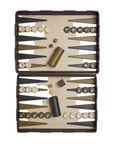 Backgammon set with pieces and board on a white background