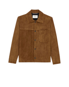 Brown suede jacket with button details on a white background