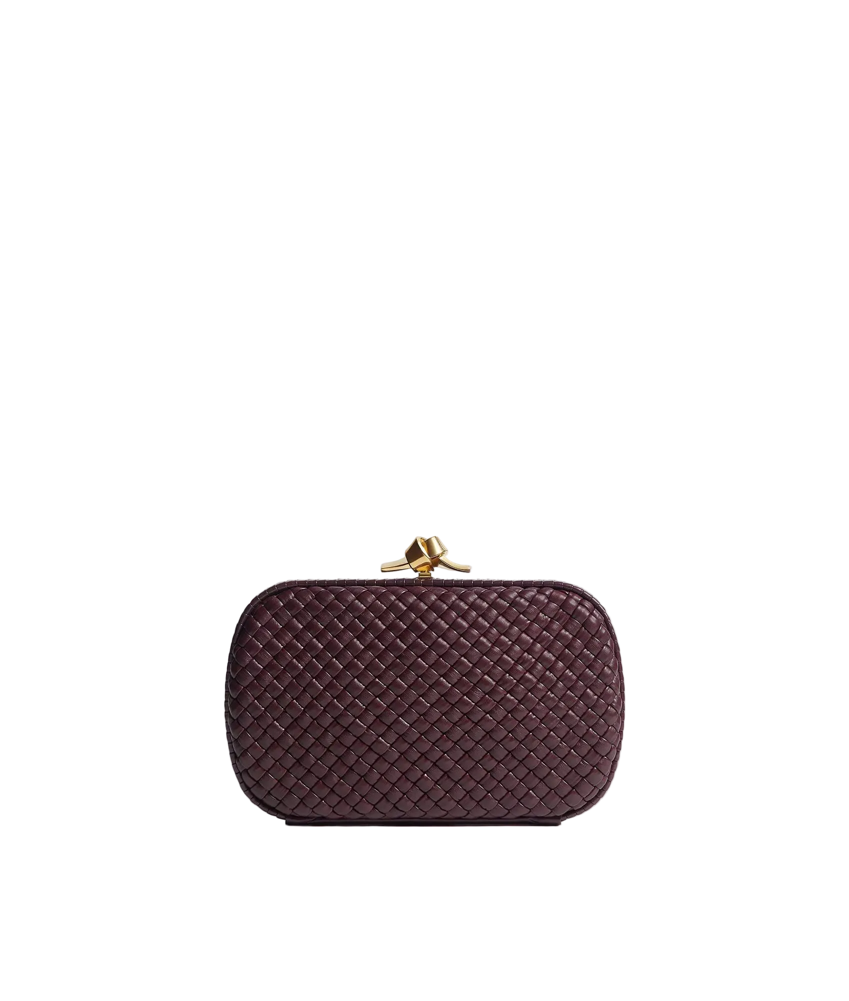 Maroon woven clutch bag with gold clasp on a light gray background
