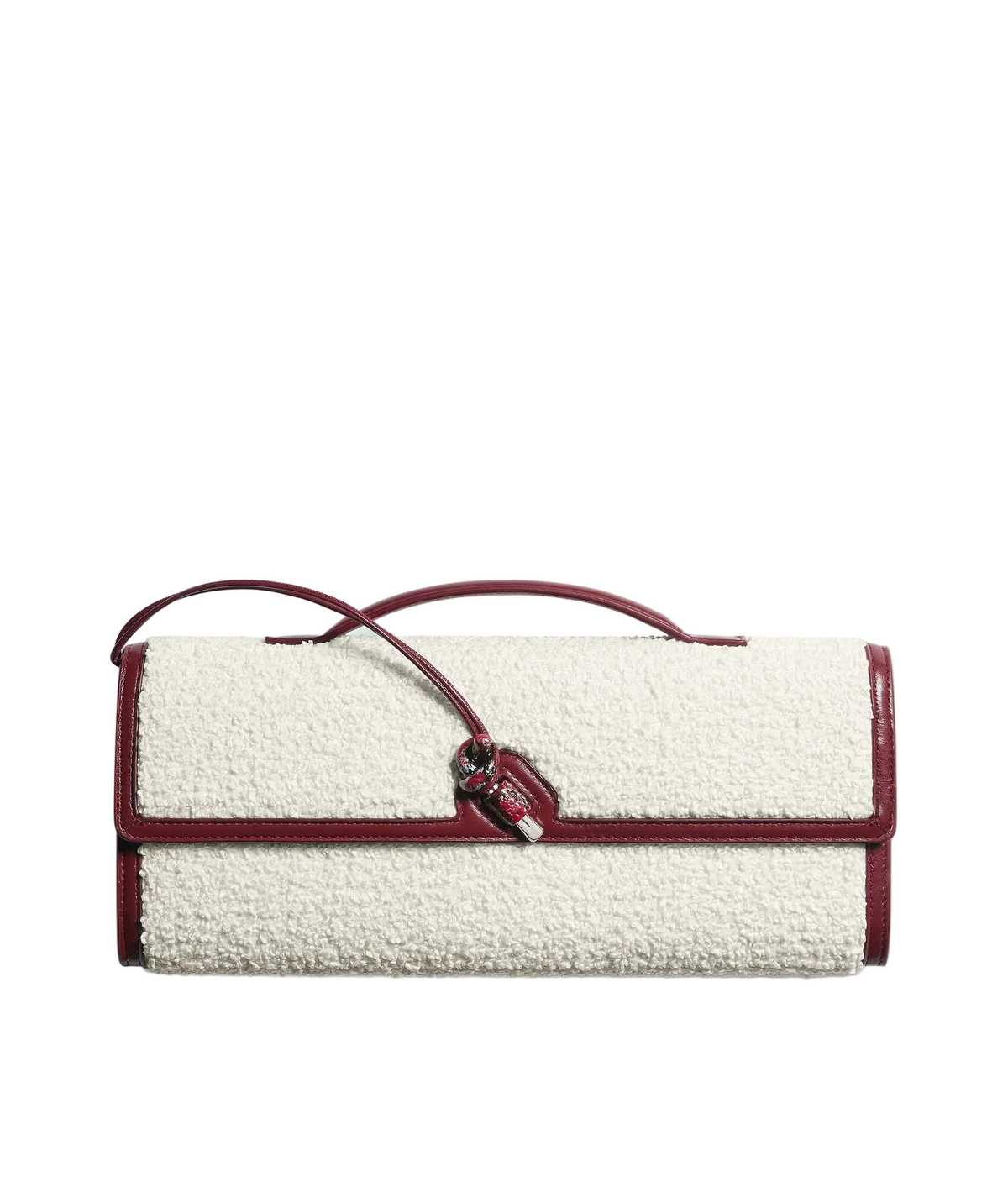 White textured roll-up bag with a red handle and decorative knot on a light gray background