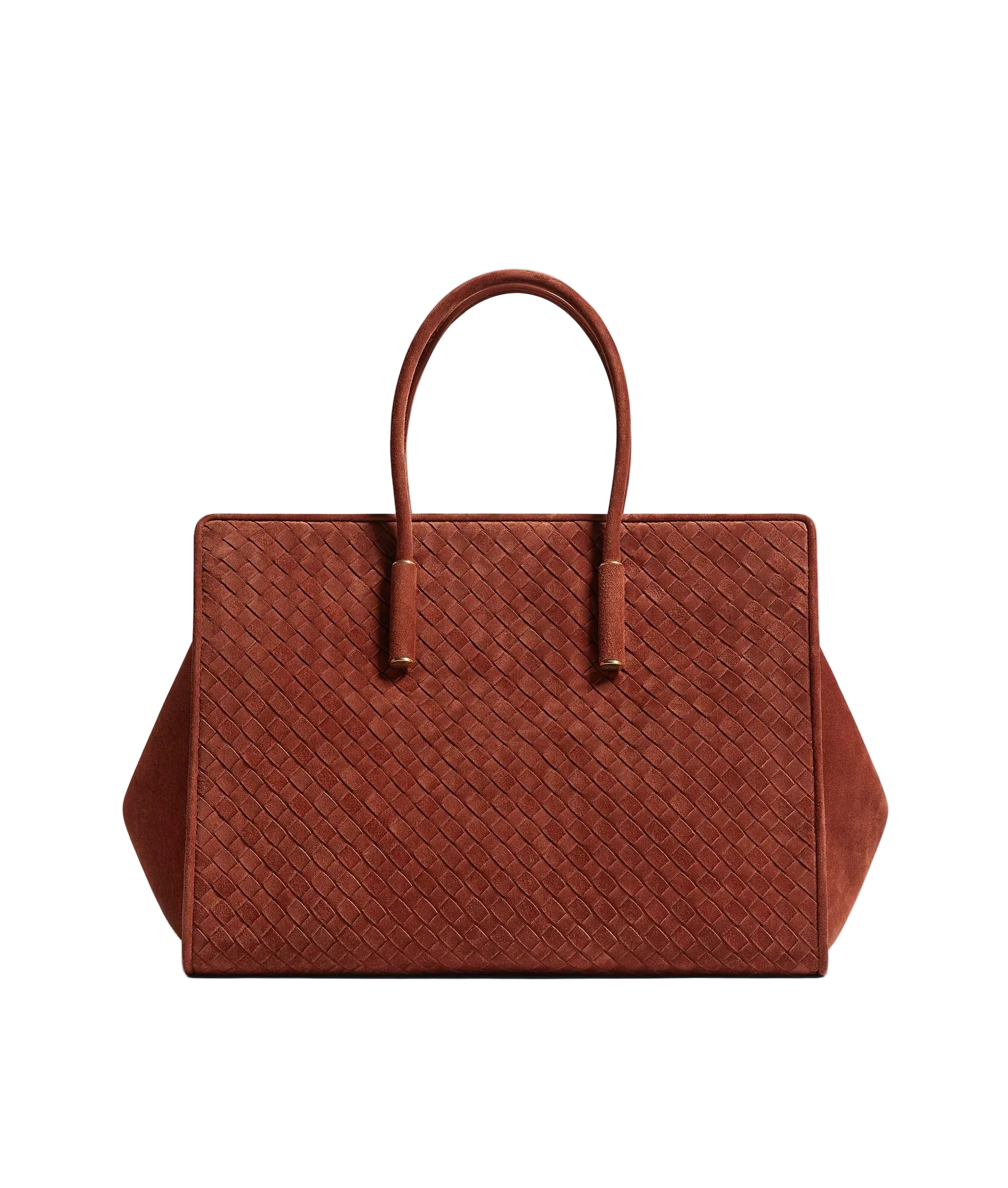 A structured brown woven leather handbag with dual top handles, photographed against a clean light gray studio background.