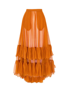 An orange tiered tulle midi skirt with pleated overlays and ruffled layers, shown against a plain white background.