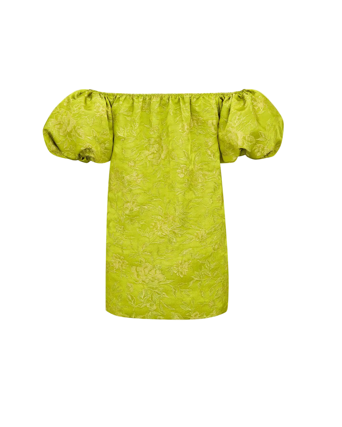 A bright lime green off-the-shoulder mini dress with voluminous puff sleeves and a subtle tonal floral jacquard pattern, shown against a plain light gray background.