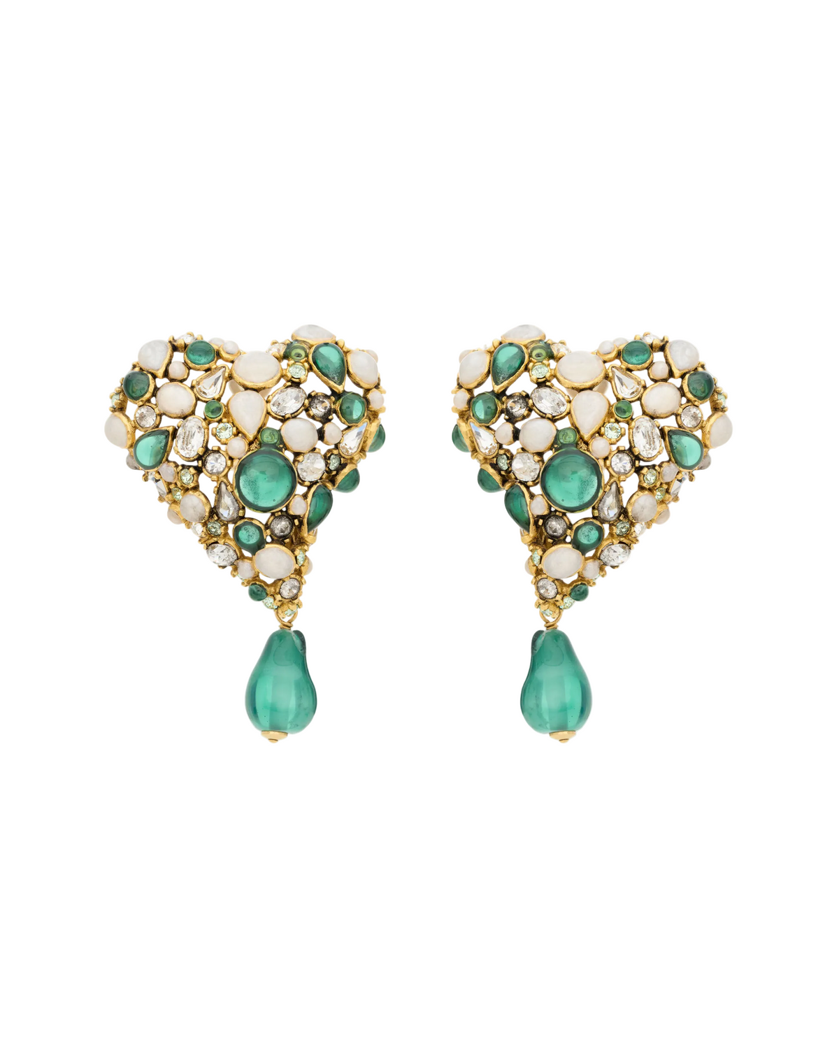 A pair of gold heart-shaped drop earrings embellished with green and white stones, featuring a teardrop-shaped green stone hanging from the center of each earring, set against a plain off-white background.