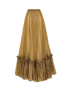 A metallic gold pleated maxi skirt with a gathered ruffled hem, shown against a plain white background.