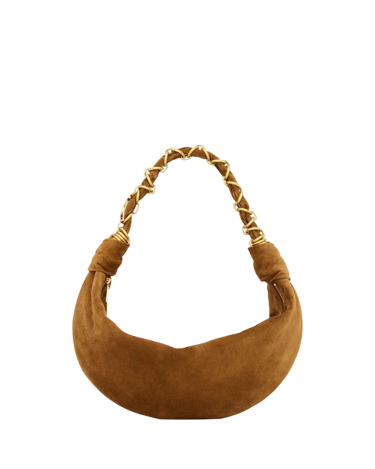 A camel brown suede crescent-shaped shoulder bag with a braided gold-tone chain handle, shown against a plain white background.