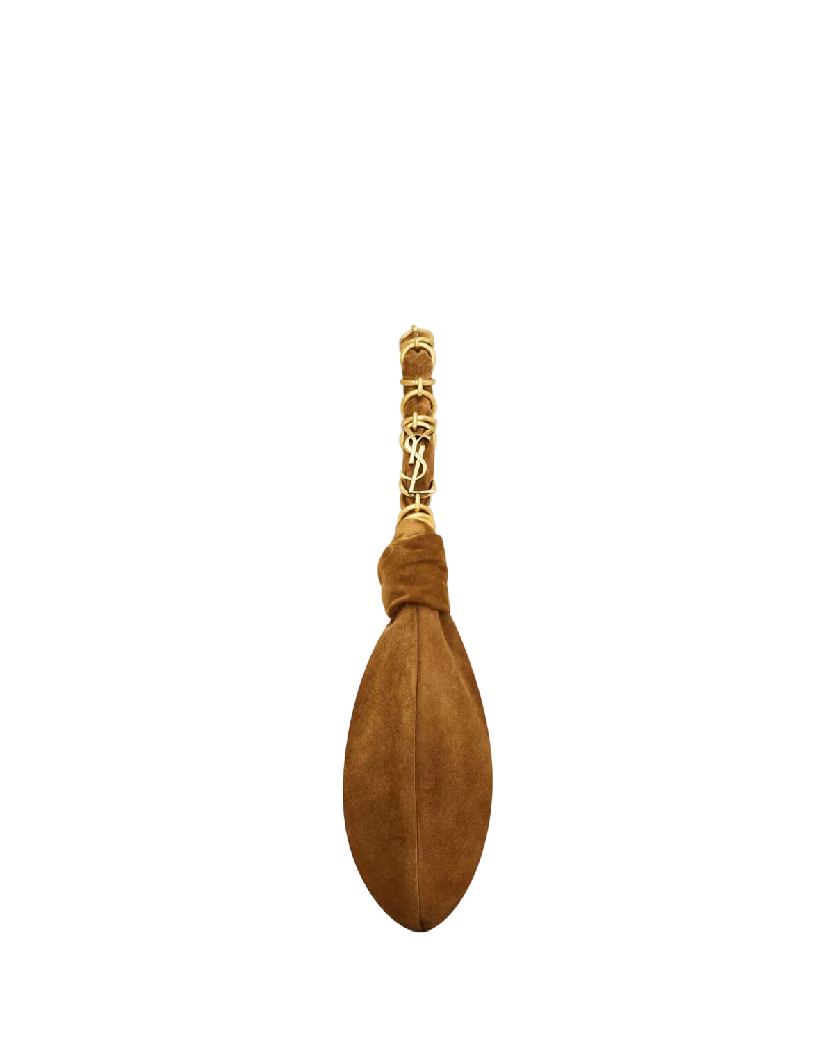 A brown suede shoulder bag with a gold-tone metal handle featuring the interlocking YSL logo, set against a plain off-white background.