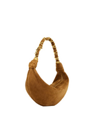 A brown suede crescent-shaped shoulder bag with a gold-tone chain-link handle, shown against a plain white background.
