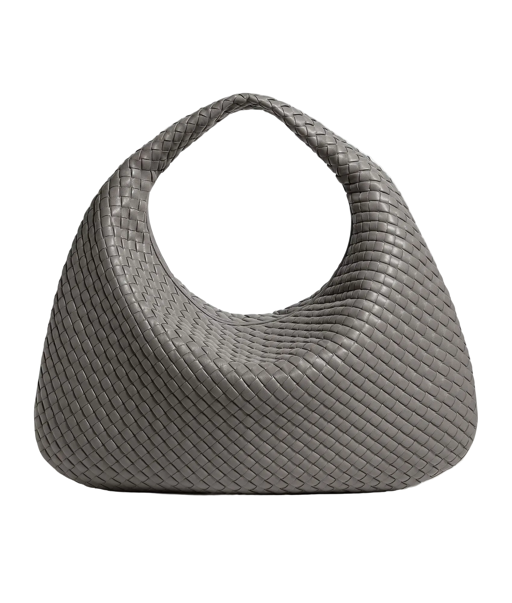 Gray woven handbag on a light gray background