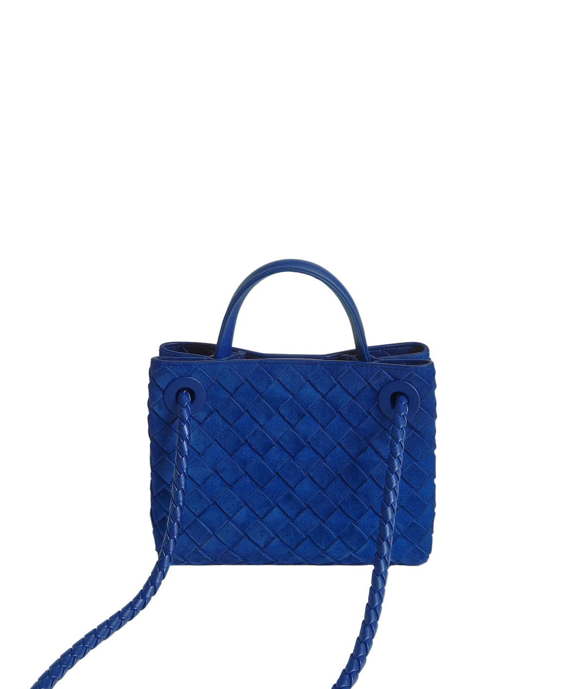 A vibrant blue woven leather handbag with a top handle and braided shoulder strap, photographed on a clean white background.