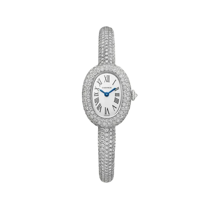 Silver watch with diamond-studded band on a white background