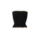 Black strapless top with checkered trim on a white background