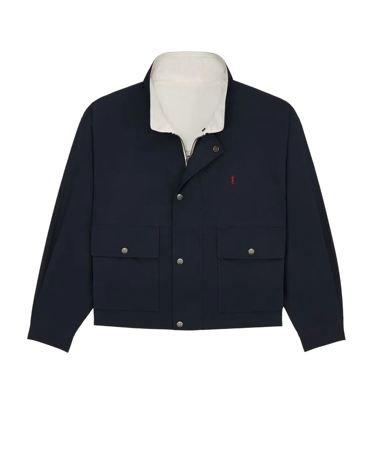 A dark navy blue jacket with a contrasting cream-colored fleece collar, featuring a front zipper, snap buttons, and two flap pockets on a light gray background.