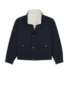 A dark navy blue jacket with a contrasting cream-colored fleece collar, featuring a front zipper, snap buttons, and two flap pockets on a light gray background.