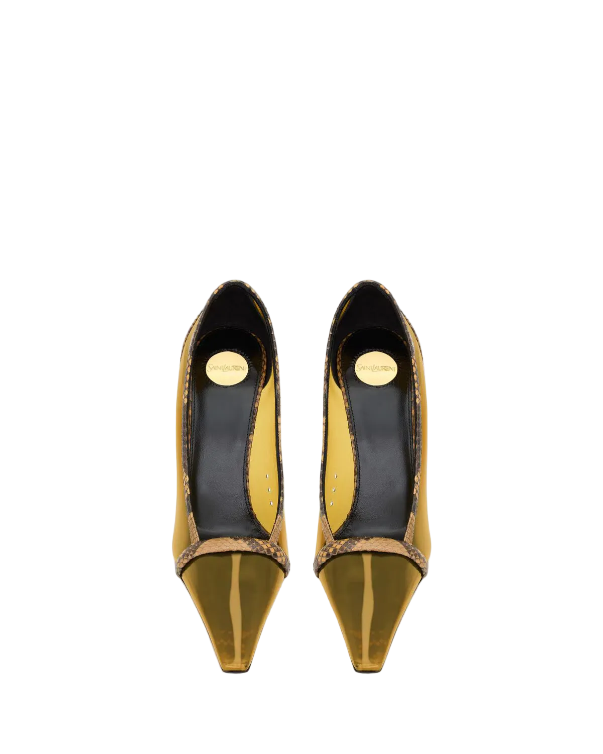 A pair of pointed-toe pumps in metallic gold and black with snakeskin trim, shown from a top-down view on a light gray background.