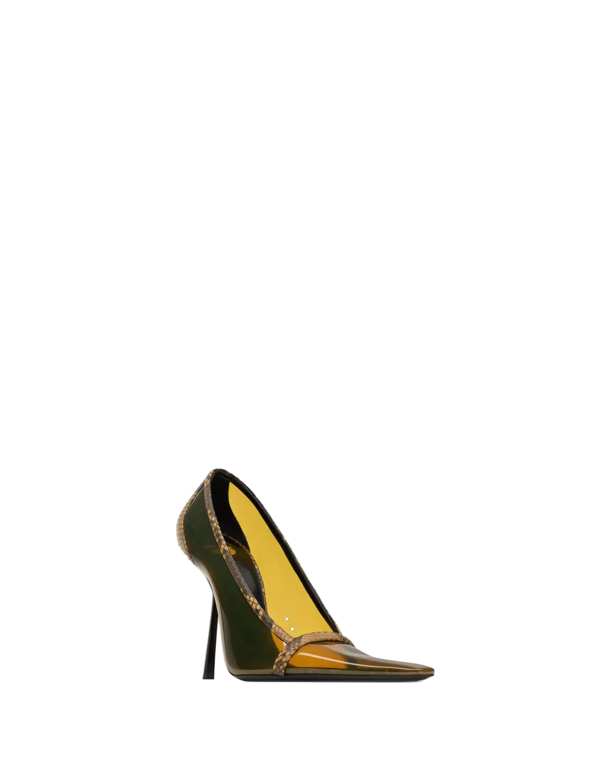 High-heeled shoe with green exterior and yellow interior on a white background