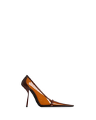 Brown high-heeled shoe on a white background
