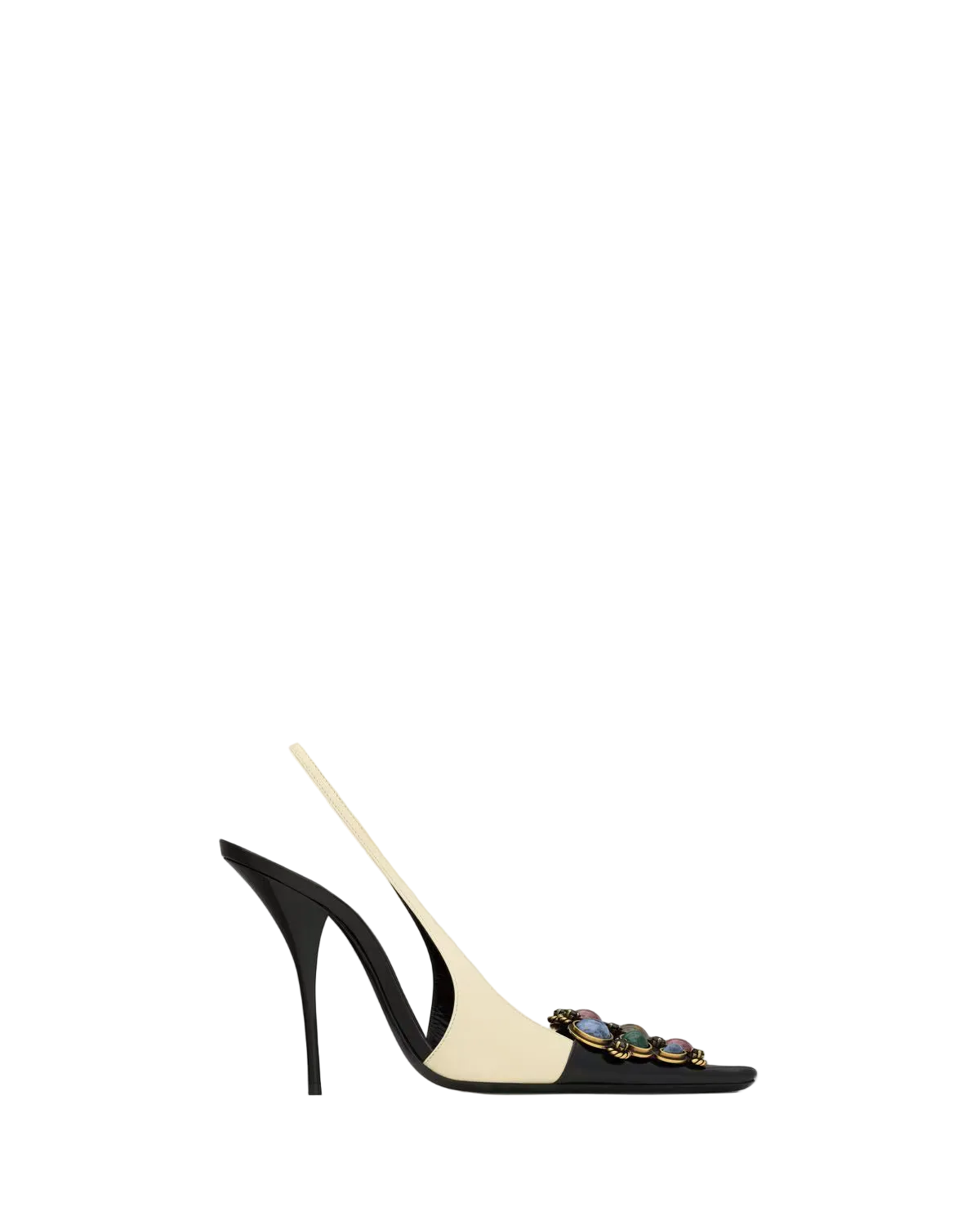 Black high-heeled shoe with a unique design on a white background