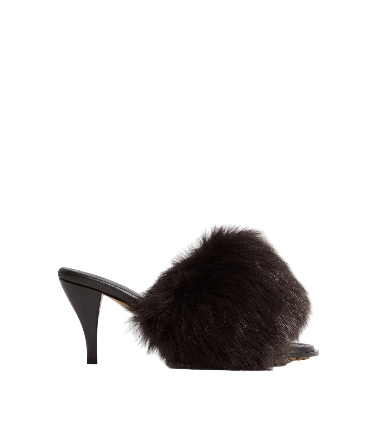 A single black high-heeled mule sandal with a fluffy faux-fur upper, shown from a side profile against a clean white background.