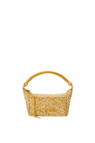 Yellow woven handbag on a light gray background