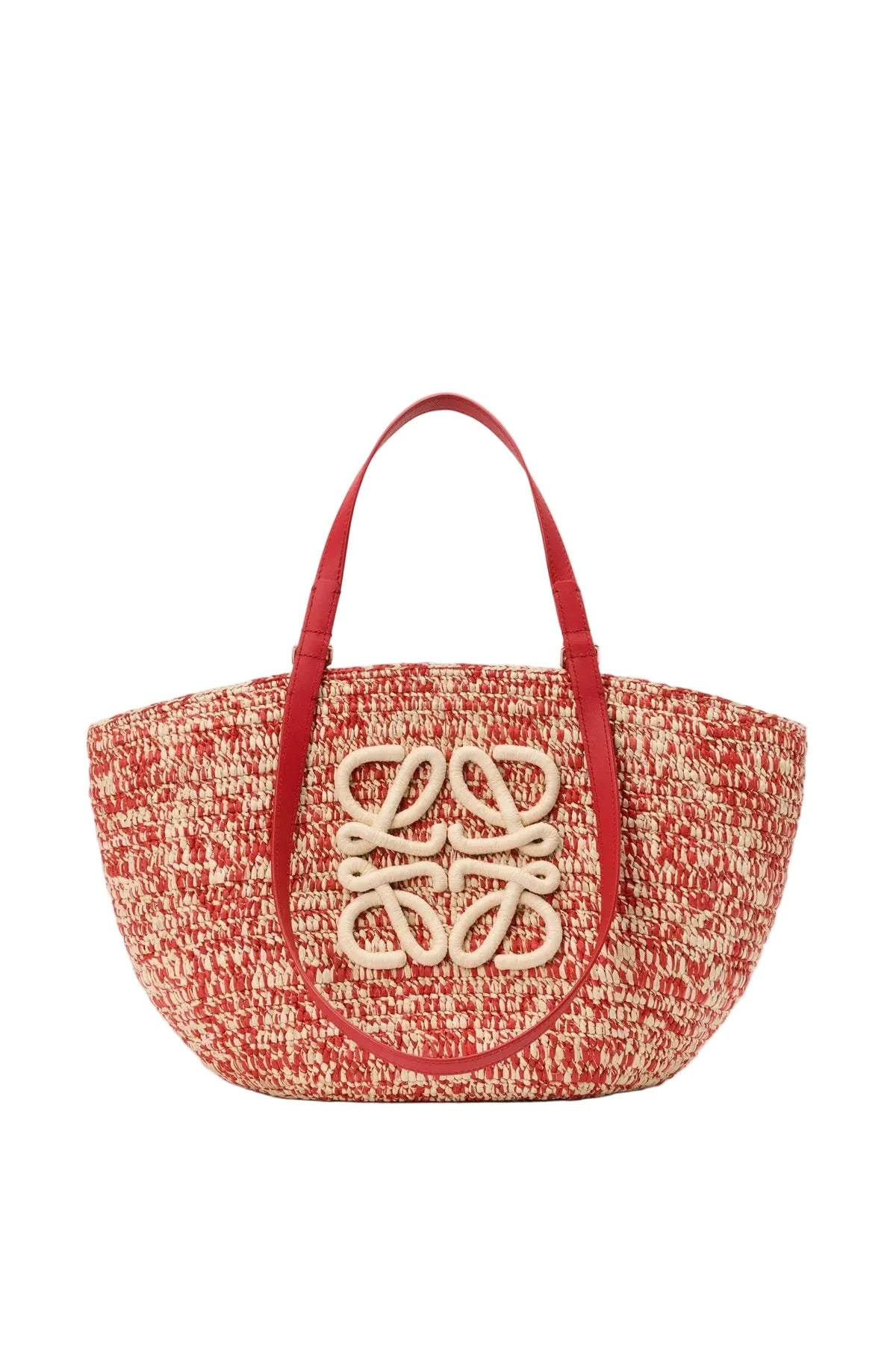 Red woven bag with a logo on a white background