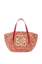 Red woven bag with a logo on a white background