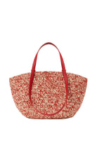 Red and beige woven tote bag on a white background