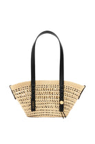 Woven handbag with black straps on a light gray background
