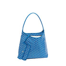Blue patterned bag on a light gray background
