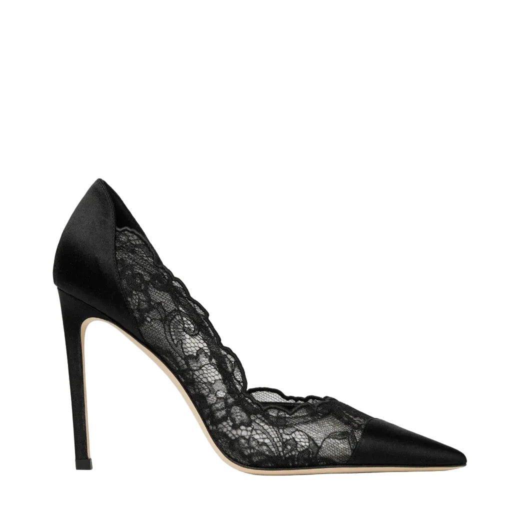 Black high-heeled shoe with lace detailing on a light gray background