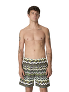 Man wearing a patterned swimsuit on a white background