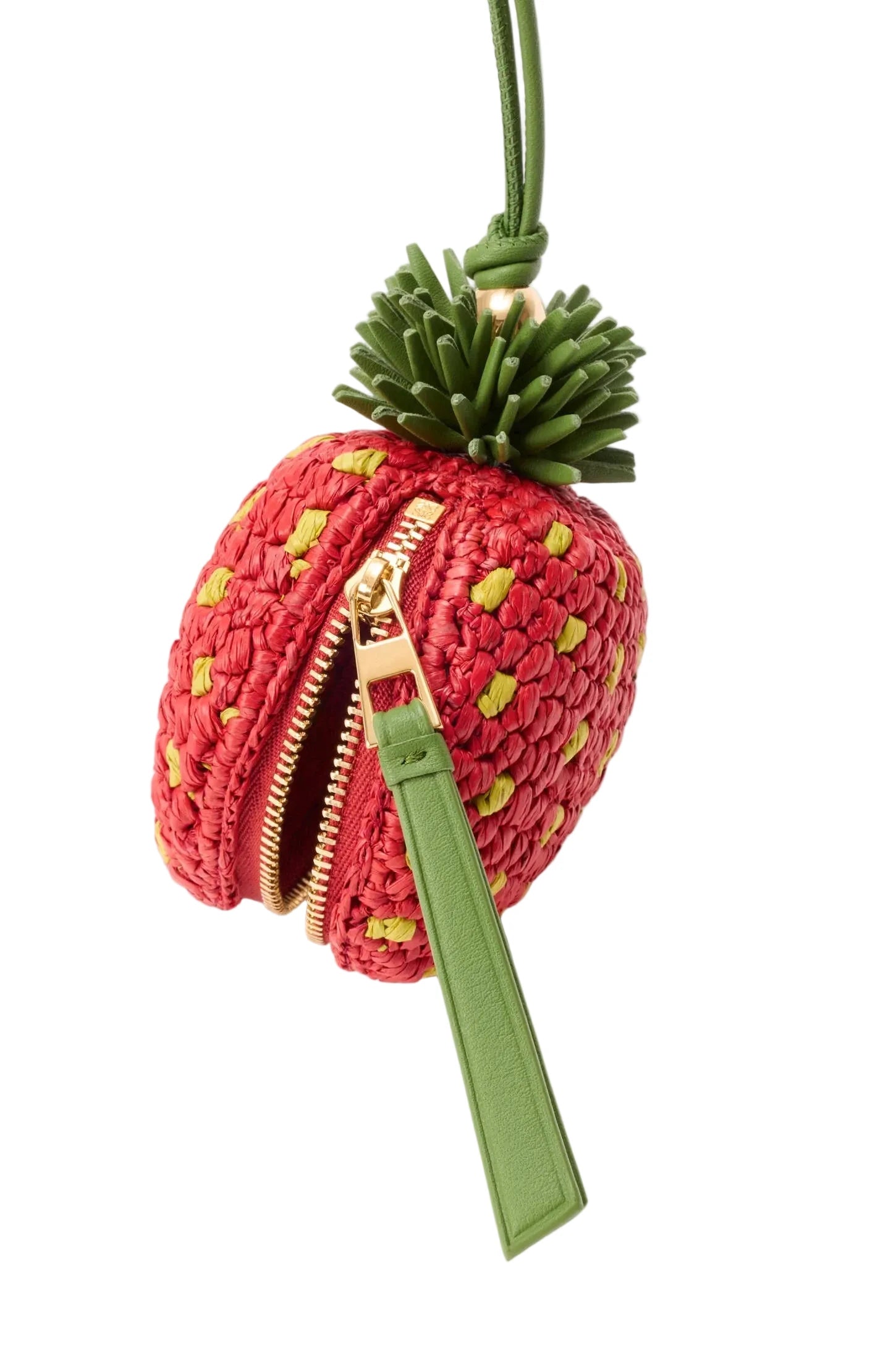 Strawberry-shaped keychain with a zipper on a white background