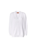 A white knit V-neck sweater with a subtle light gray chevron pattern, displayed on a neutral light gray background.