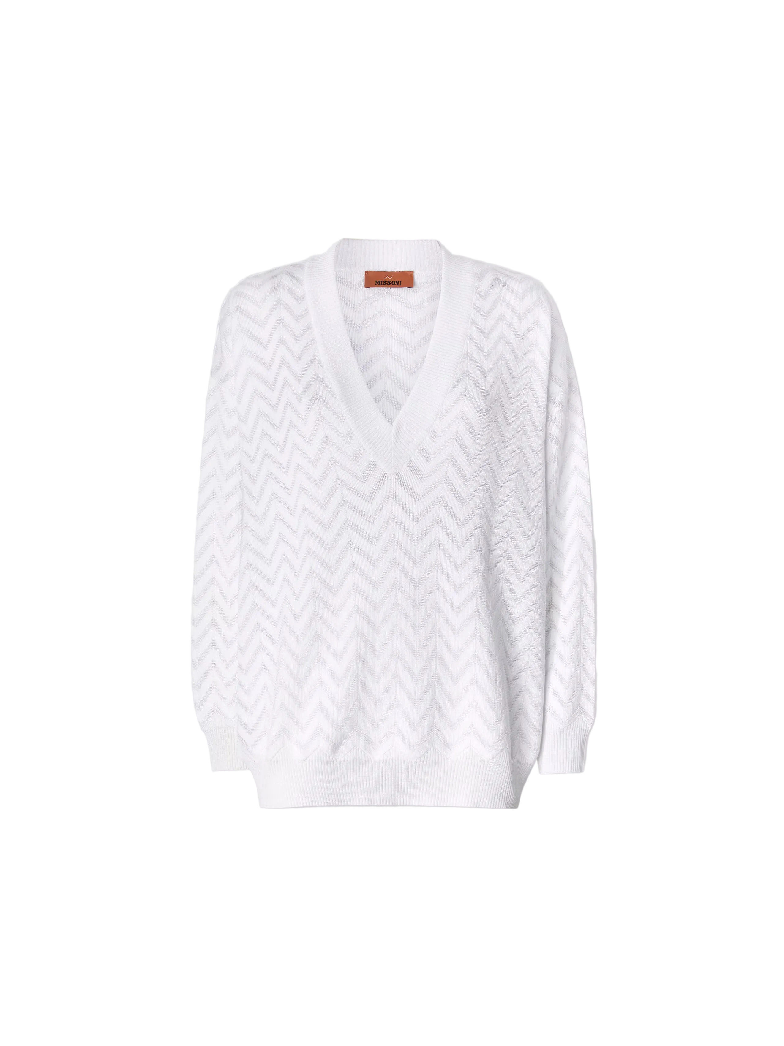 A white knit V-neck sweater with a subtle light gray chevron pattern, displayed on a neutral light gray background.