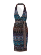 A halter-neck midi dress featuring a multicolor chevron knit pattern in shades of blue, purple, brown, and black, with a matching waist tie belt, shown against a light gray background.