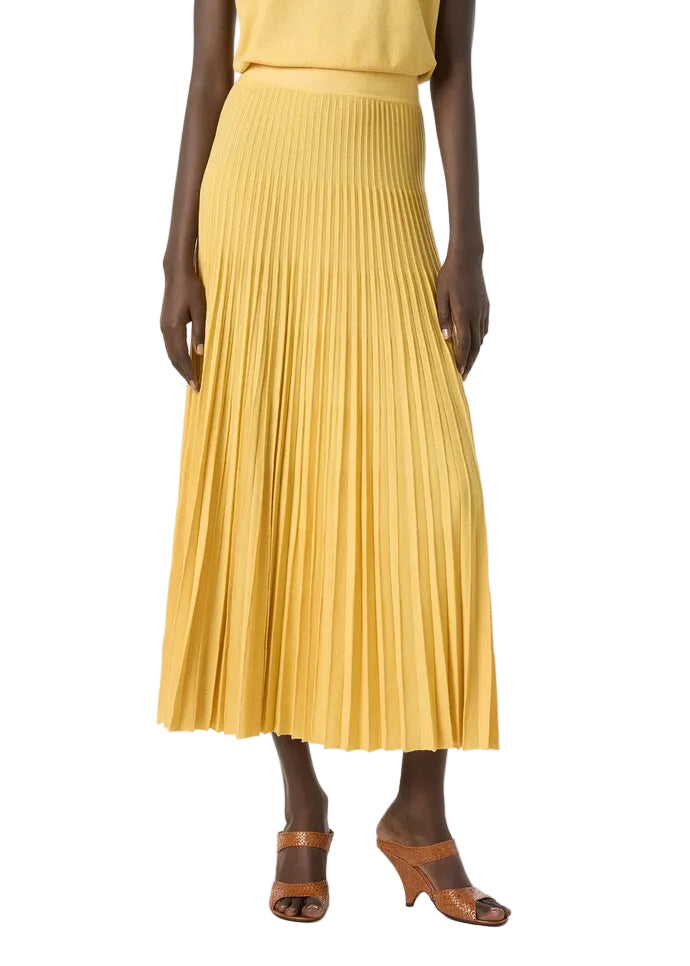 Person wearing a yellow pleated skirt on a white background