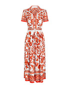 Red and white floral dress on a light gray background