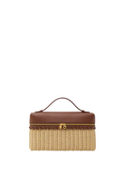 Wicker jewelry box with brown leather top on a white background