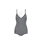 Black and white patterned swimsuit on a light gray background