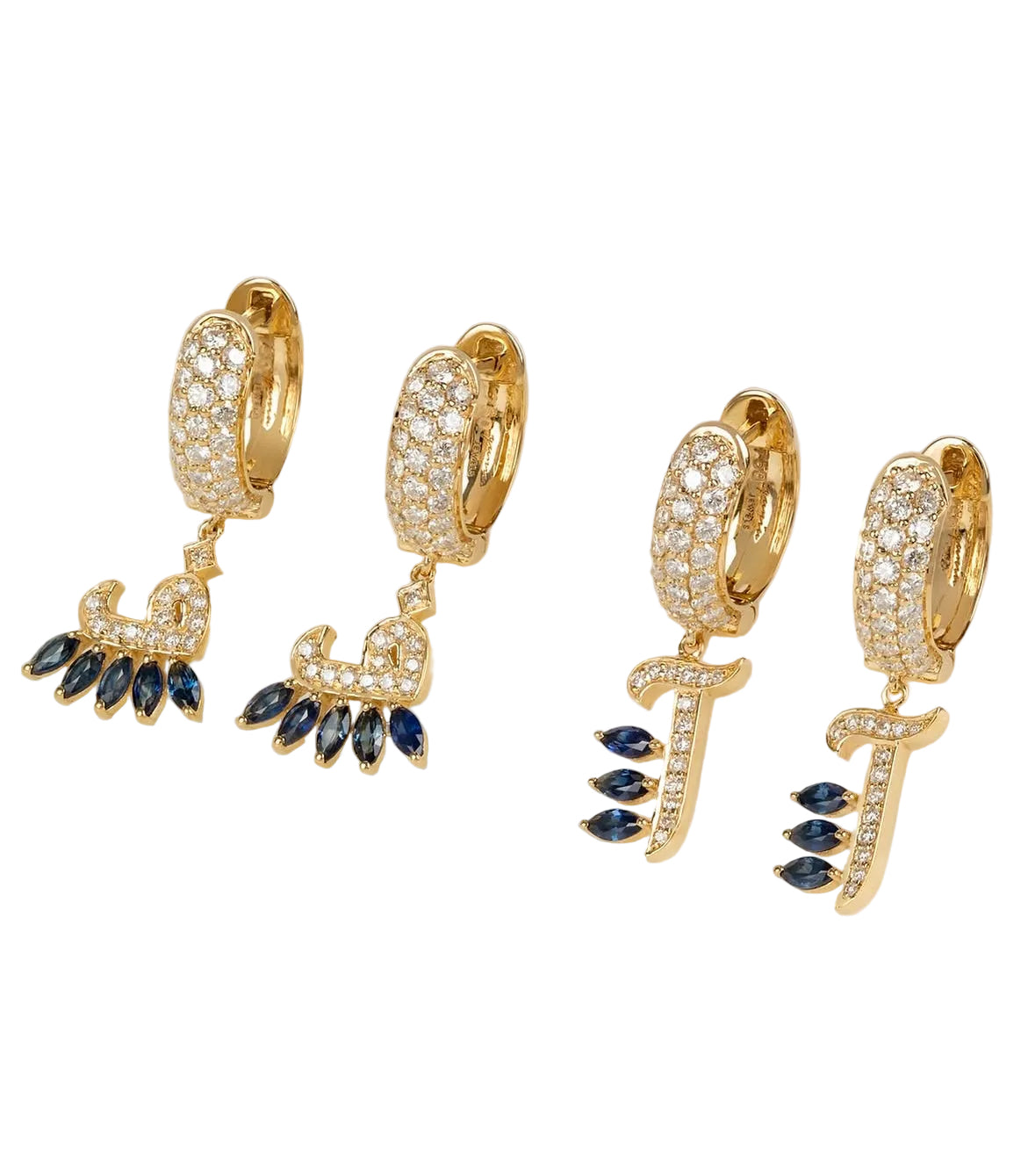 A pair of gold huggie hoop earrings with pavé-set clear stones and dangling blue marquise-shaped stones, shown alongside matching earrings with a gold letter 'T' pendant featuring pavé stones and three blue marquise stones. The earrings are displayed on a clean, light beige surface.