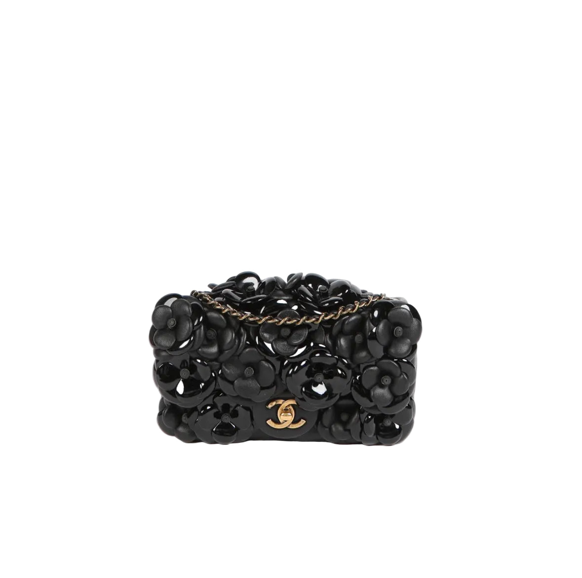 A black Chanel shoulder bag with a textured, flower-like woven body and a gold-tone interlocking CC logo on the front, set against a plain white background.