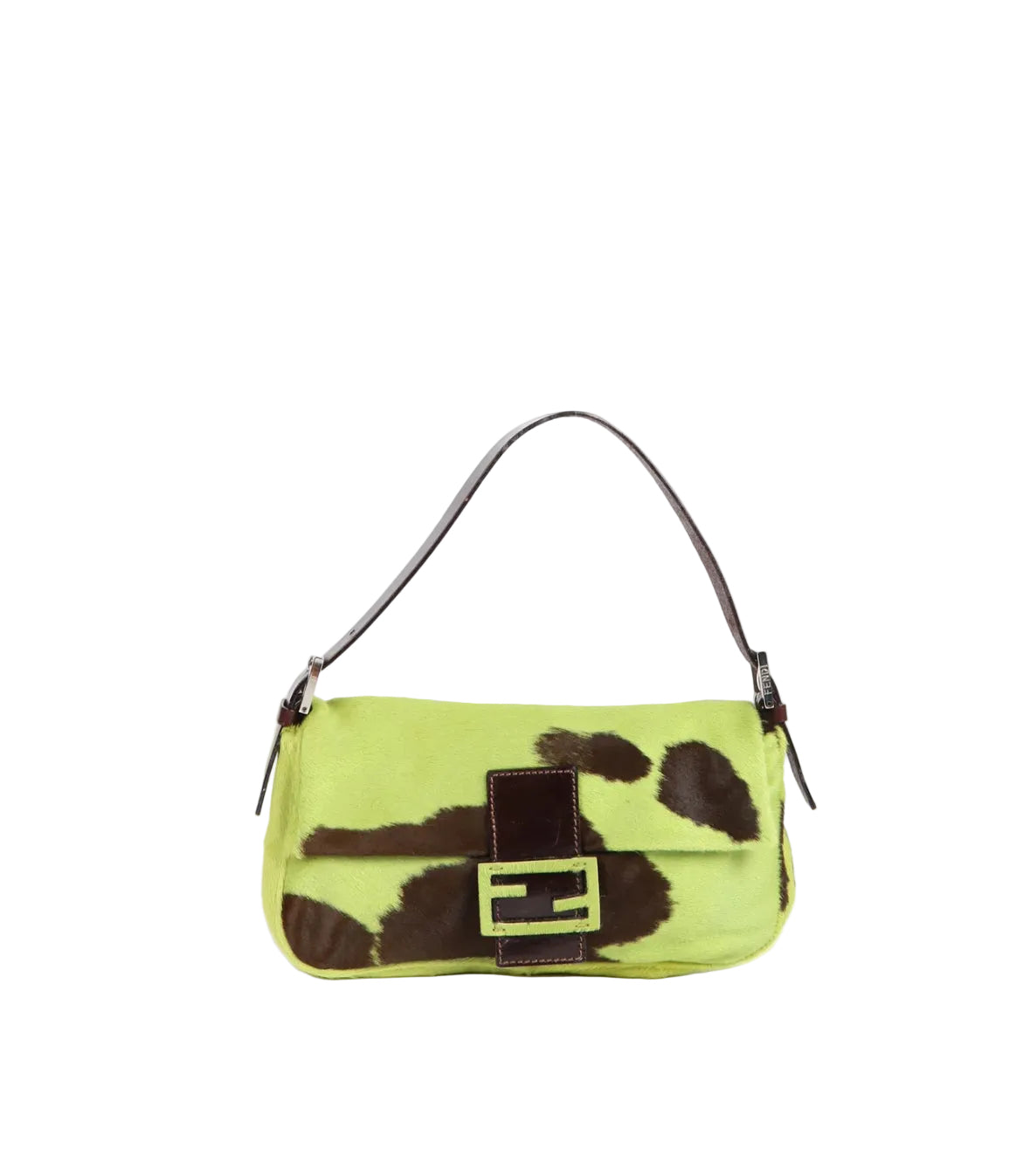 A Fendi shoulder bag in lime green and dark brown cowhide with a dark brown leather strap and a gold-tone FF logo buckle on the front flap.