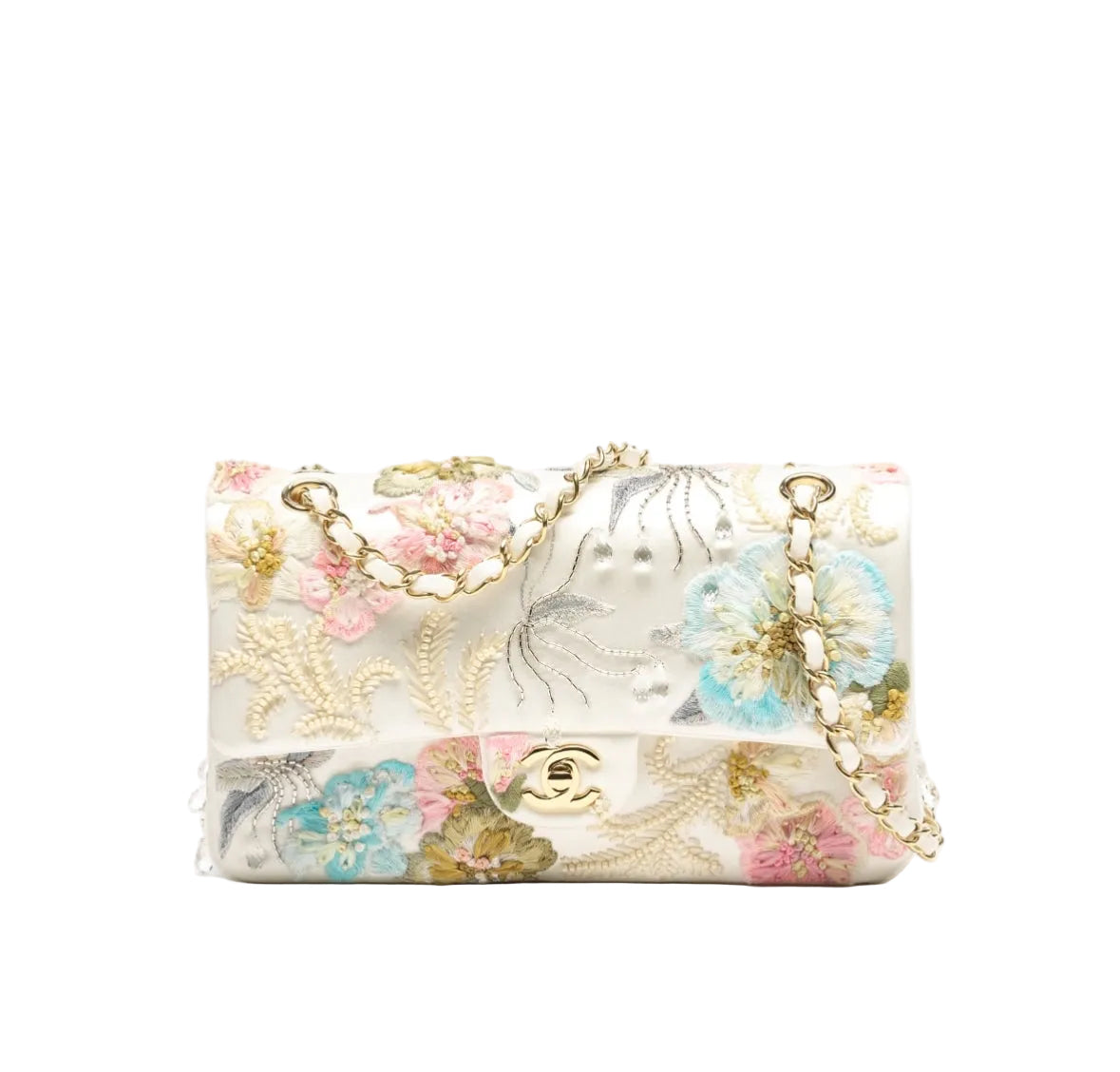 An embroidered flap shoulder bag with a cream base, featuring pink, blue, and gold floral motifs, a gold chain strap, and a gold interlocking CC turn-lock clasp.