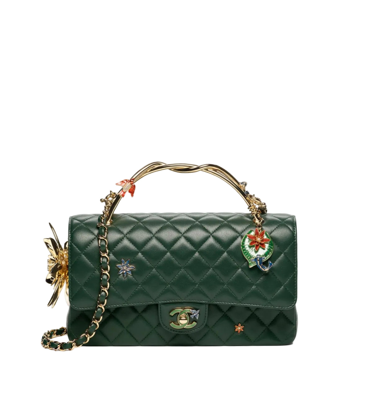 A dark green quilted leather handbag with gold-tone hardware, featuring decorative embroidered flowers, a twisted top handle, and a gold chain strap, photographed against a plain white background.