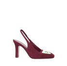A single burgundy suede slingback high heel shoe with a pointed toe and a small gold-tone decorative accent on the vamp, shown against a plain white background.