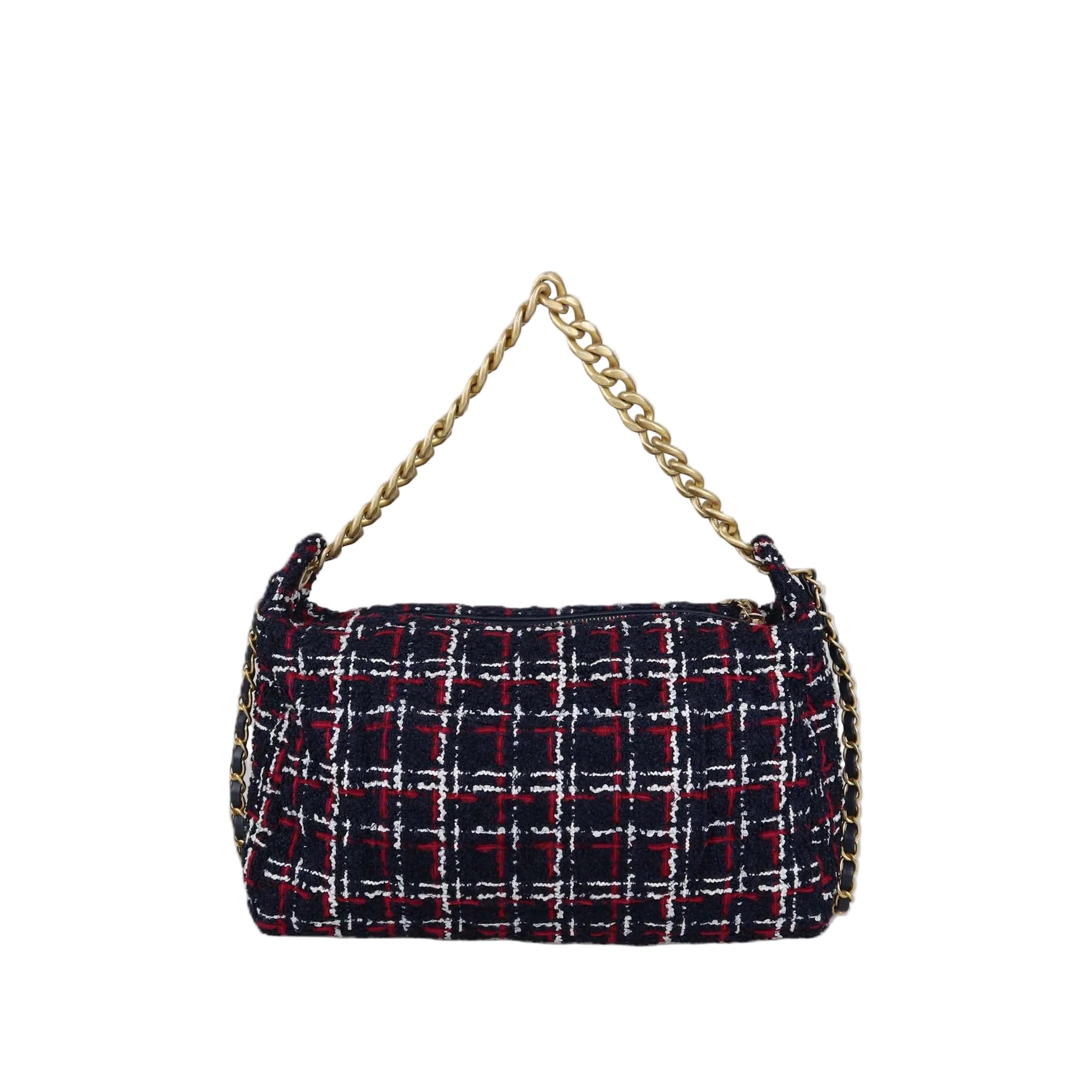 A small shoulder bag in navy blue tweed with red and white plaid lines, featuring a gold chain strap, shown against a solid light gray background.